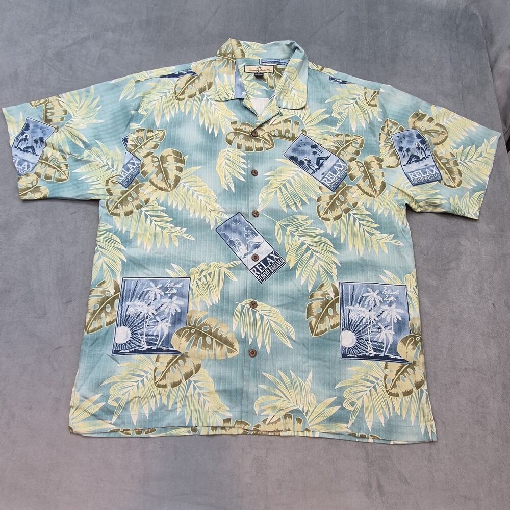 Tommy Bahama Coastal Beachy All Over Spell Out Relax Silk Hawaiian Button Up XL
